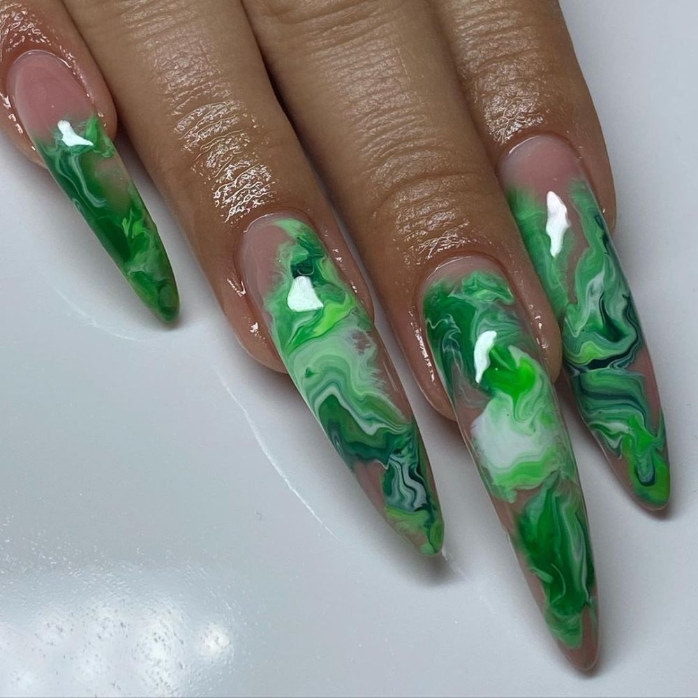 Marbled long green nails