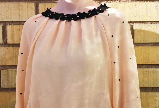 Peach chiffon and black lace blouse