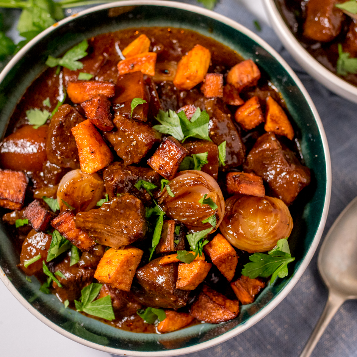Easy Slow-Cooked Beef Stew Recipe with Roasted Sweet Potato.