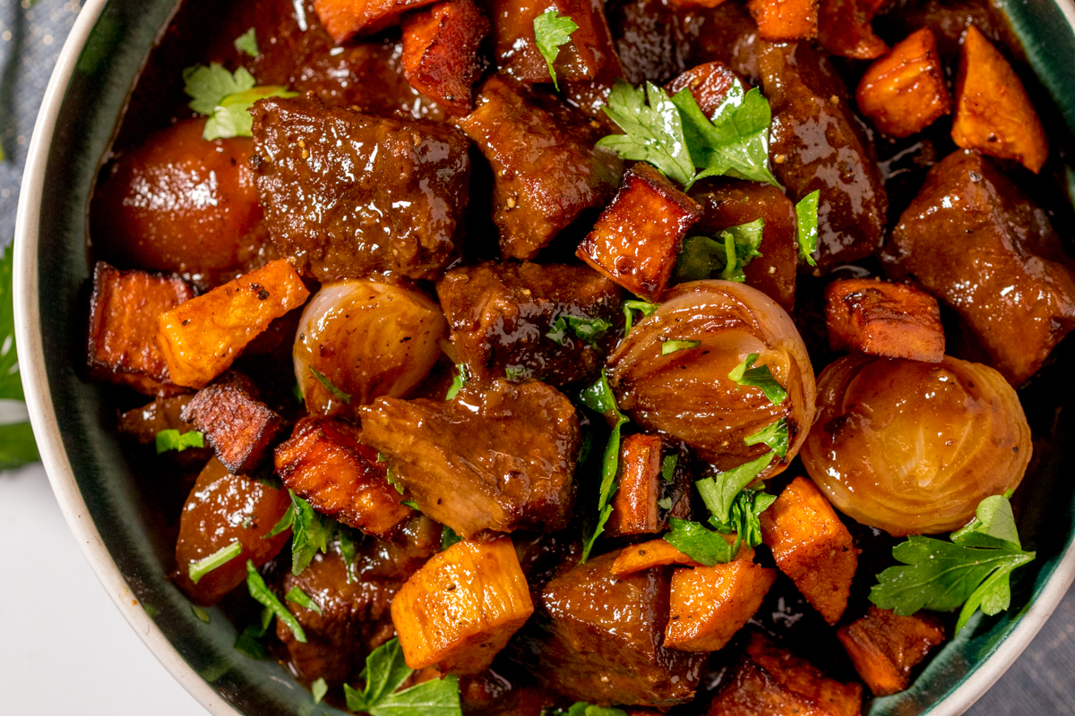 This Slow Cooked Beef Stew with Roasted Sweet Potato is exactly what you need to warm you up on a cold evening!