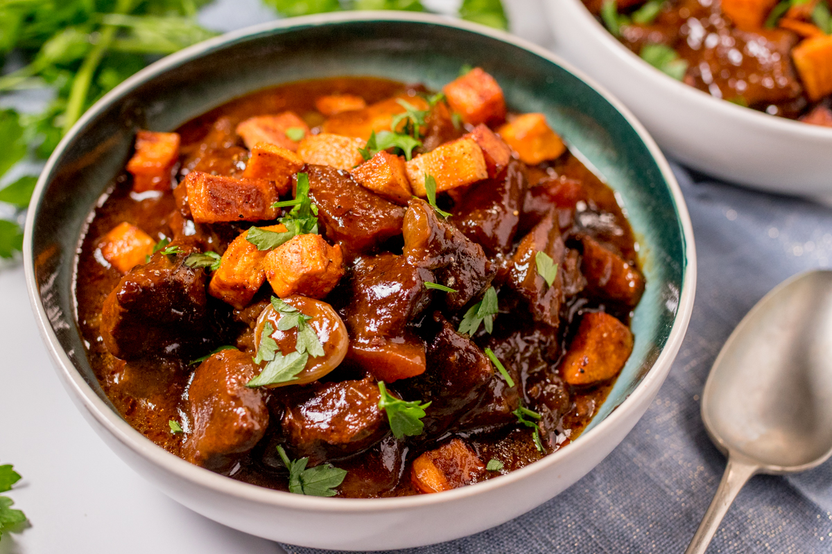 Slow Cooked Beef Stew with Roasted Sweet Potato