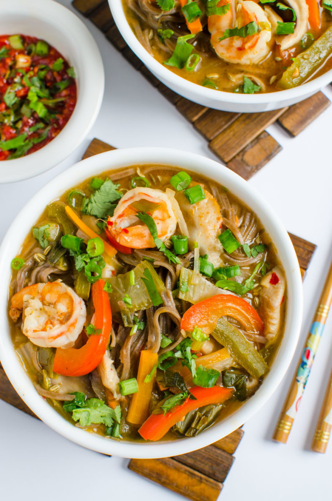 Soba noodle soup with shrimp