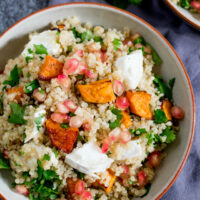Cropped warm quinoa goat cheese and pomegranate salad finished tall jpg