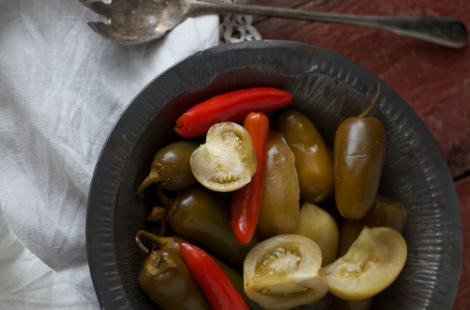 Fermented green tomatoes and hot peppers