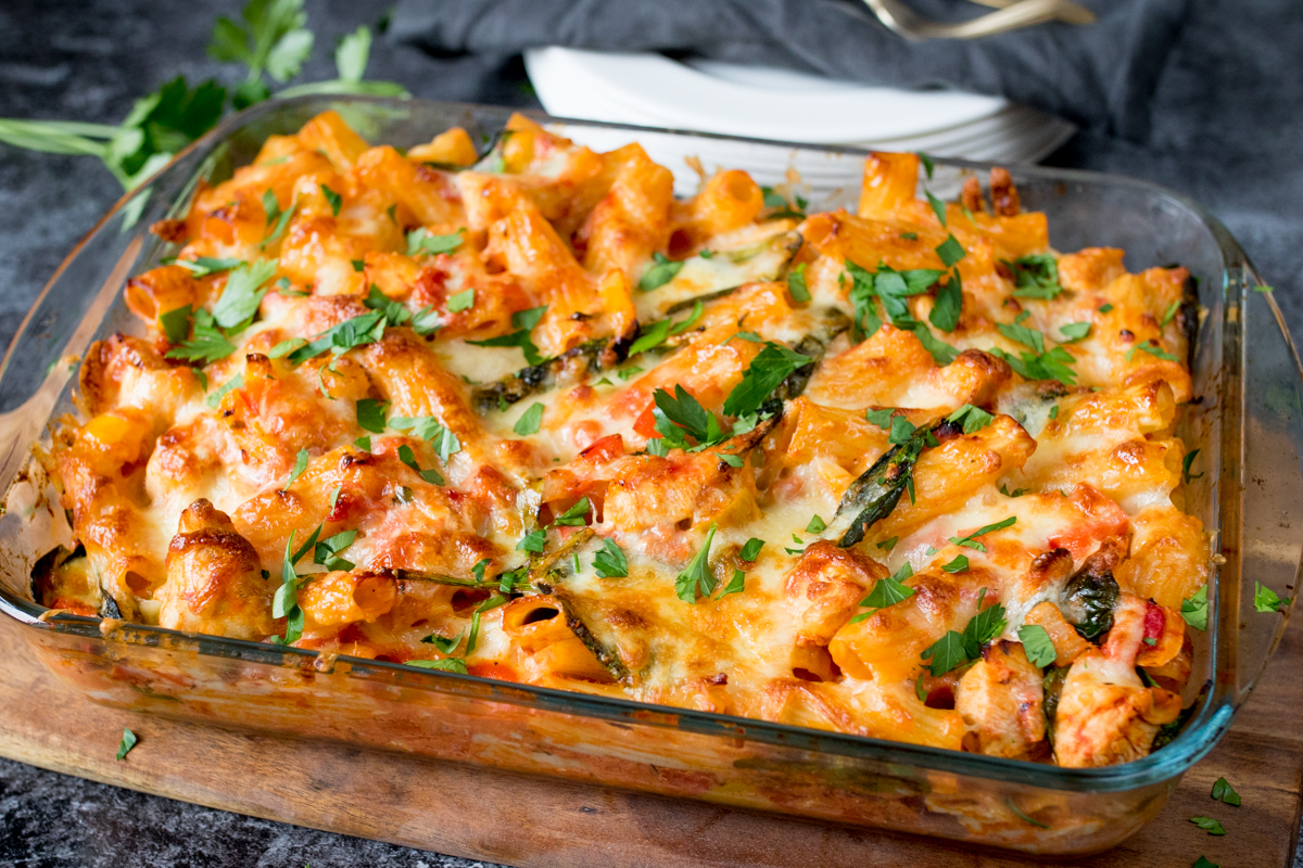 Chicken bacon spinach cheesy pasta bake finished wide