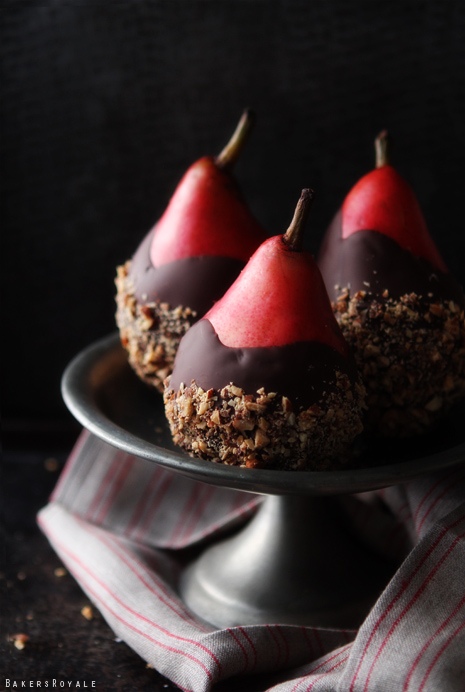 Chocolate dipped pears with almond crunch via bakers royale1