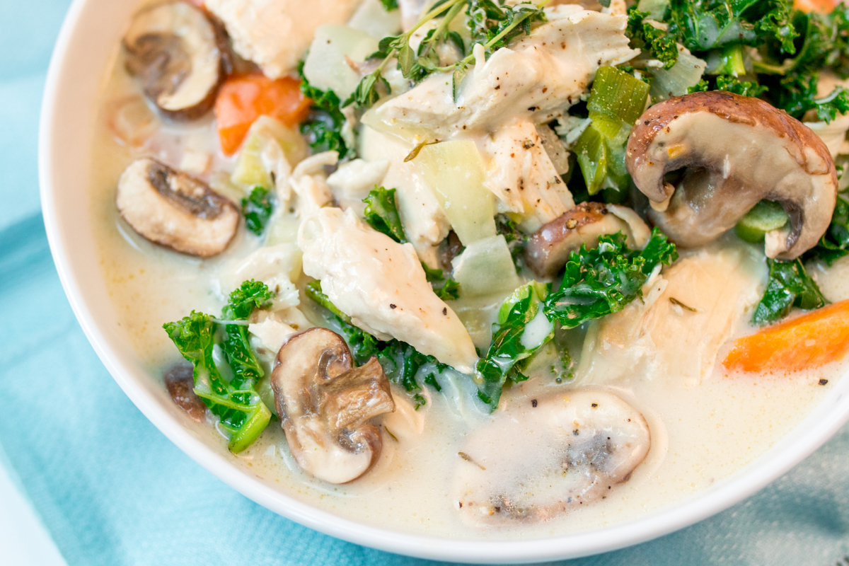 Creamy chicken and mushroom soup - a lovely warming soup with extra veggies.