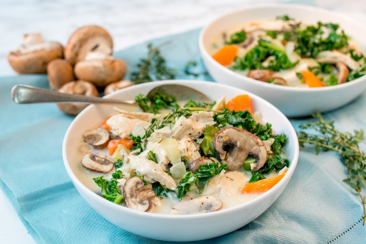 Creamy chicken and mushroom soup - a lovely warming soup with extra veggies.