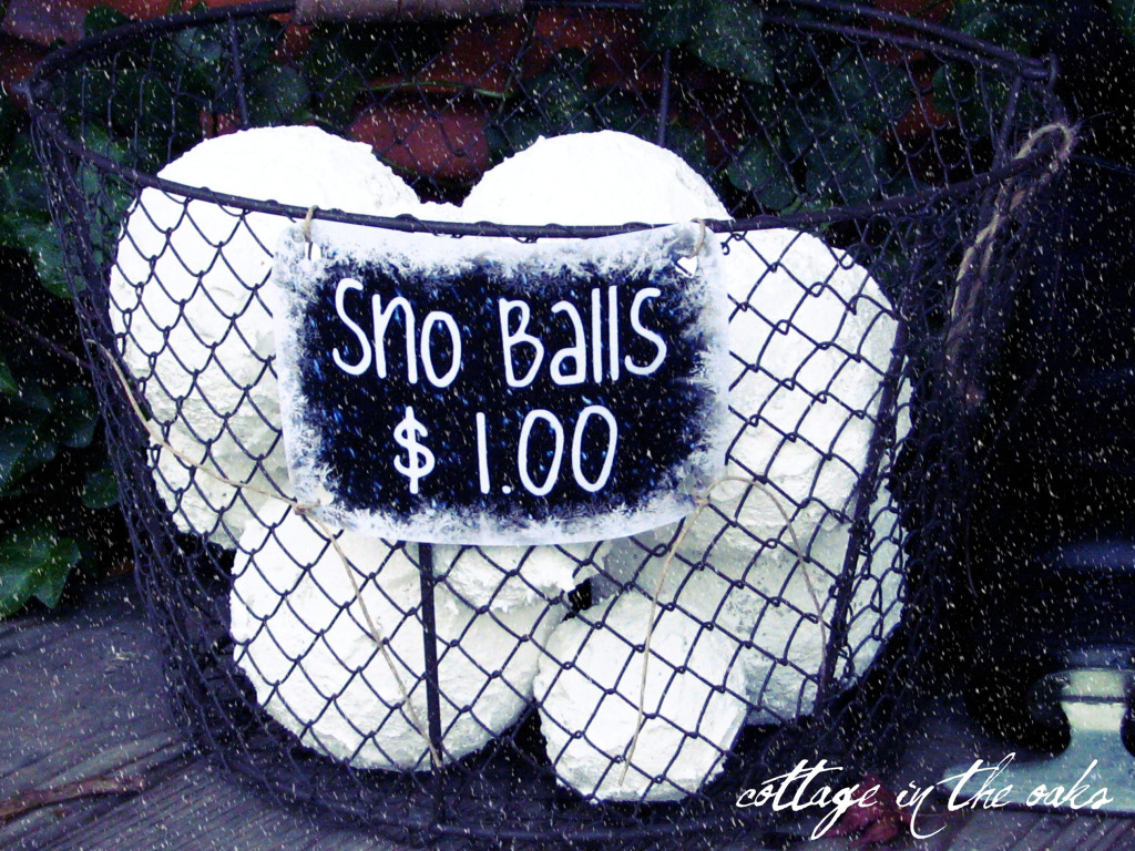 Snow balls on porch in basket