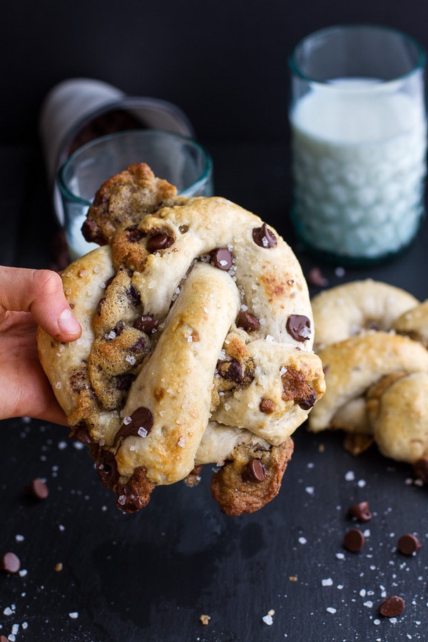 Chocolate chip cookie stuffed pretzels