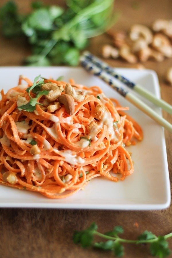 Raw carrot noodles with ginger lime peanut sauce