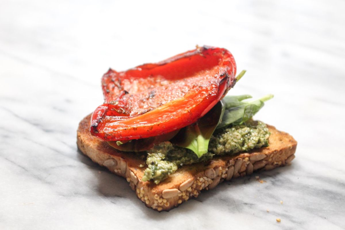 Roasted vegetable sandwich with pesto bell pepper