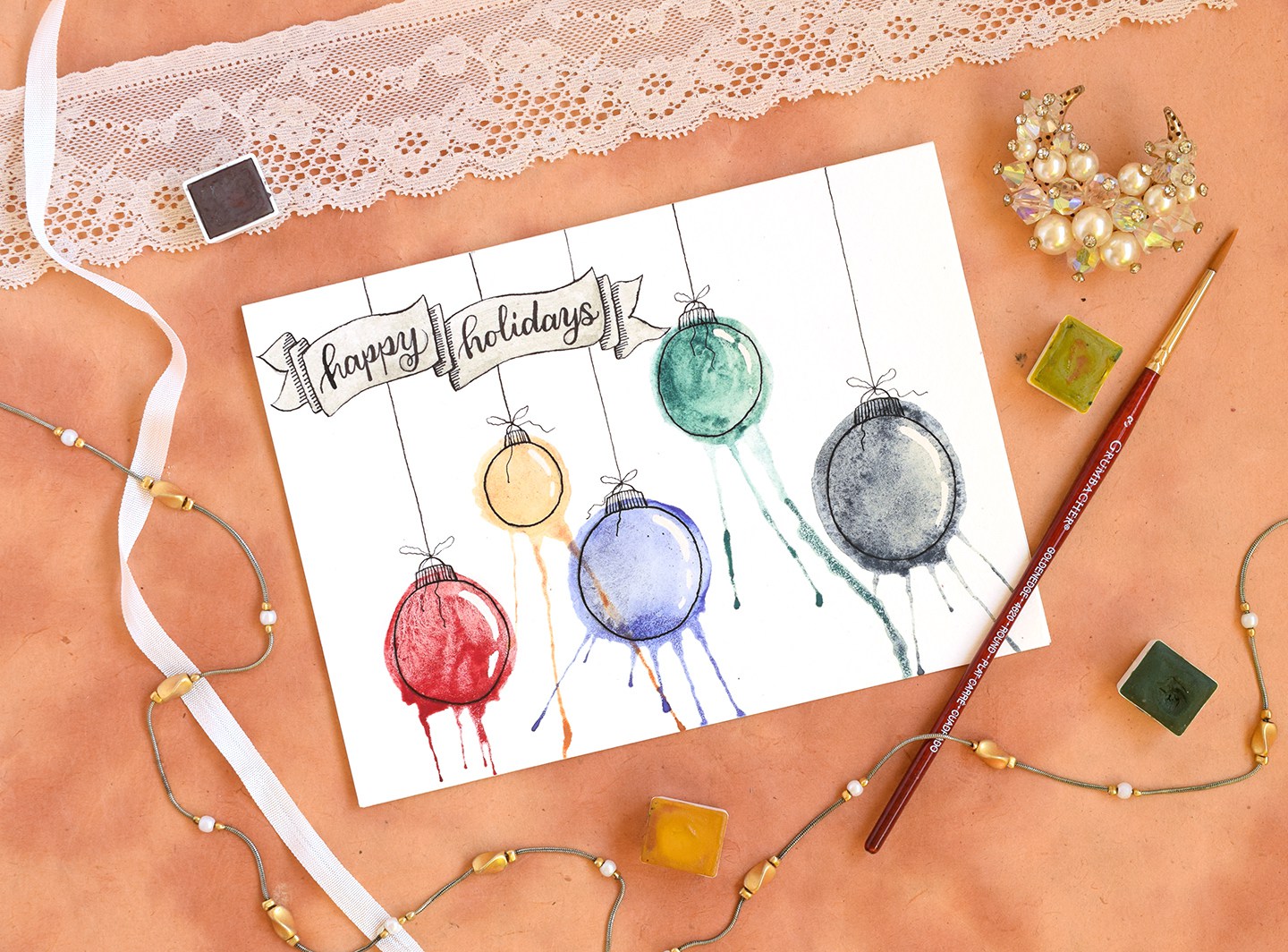 Painted Christmas Card Design - Watercolor Ornaments