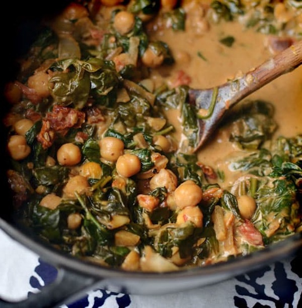 Braised coconut spinach and chickpeas with lemon