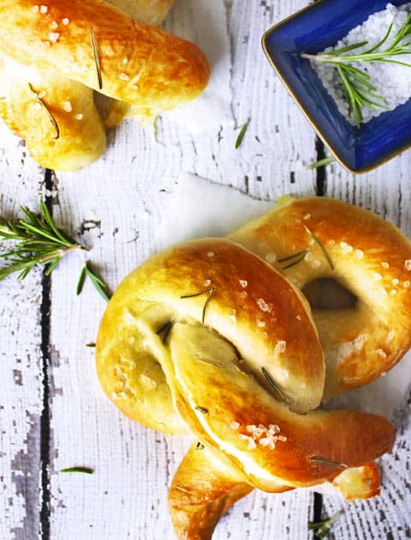 Brie stuffed pretzels with rosemary and sea salt