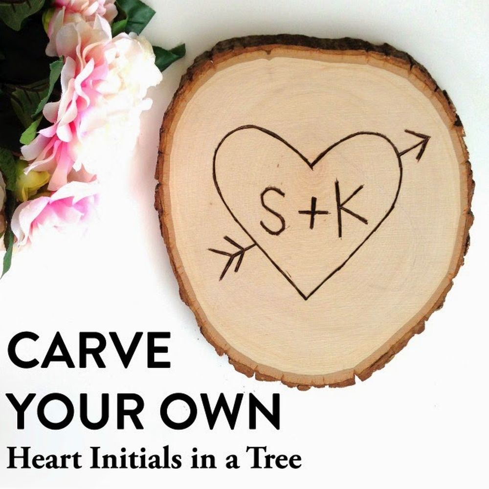 Carved initials on a slice of wood cute valentine's day ideas