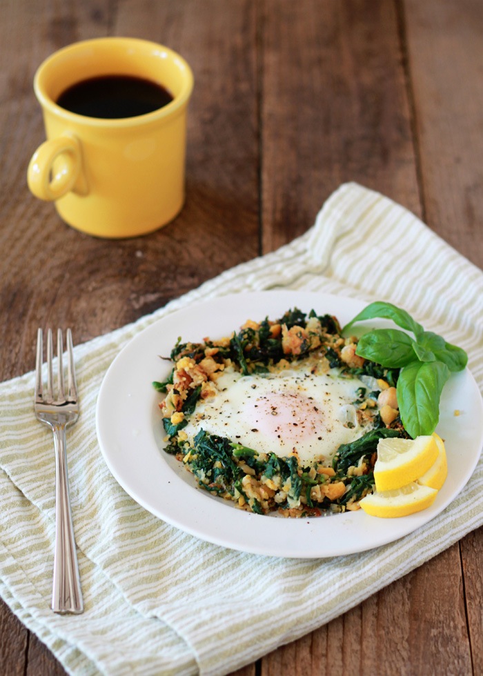 Lemony egg in a spinach chickpea nest