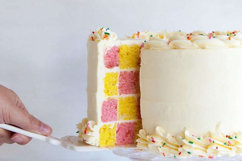Pink and yellow checkerboard cake recipe