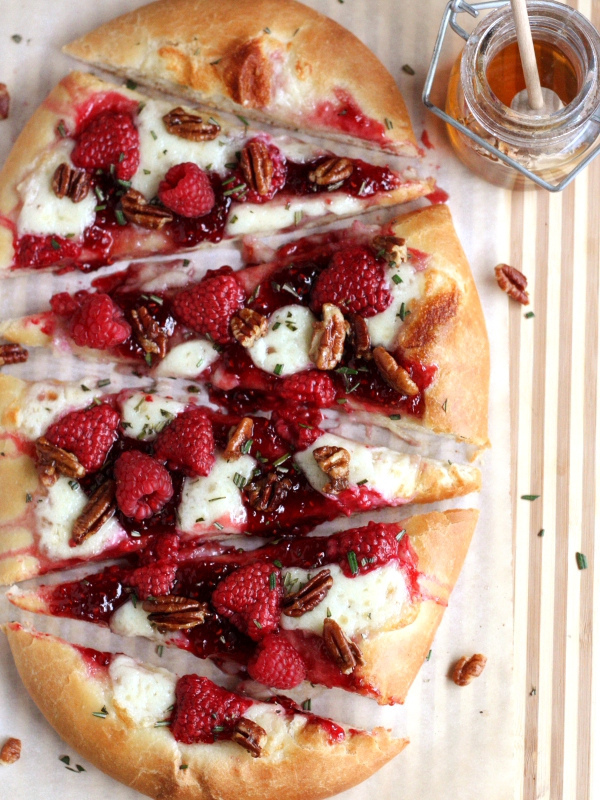 Raspberry brie dessert pizza