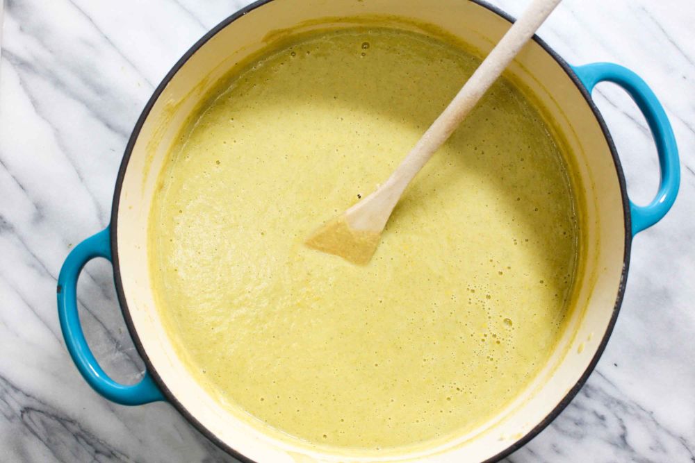 Vegan broccoli cheese soup whisk