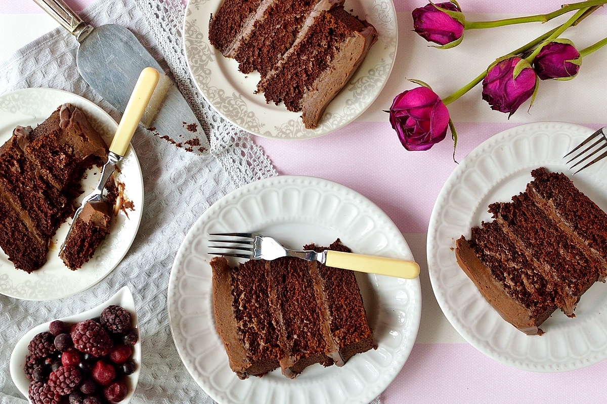 The ultimate chocolate layer cake - a rich, moist, fudgy chocolate cake filled with smooth chocolate ganache, the ultimate treat!