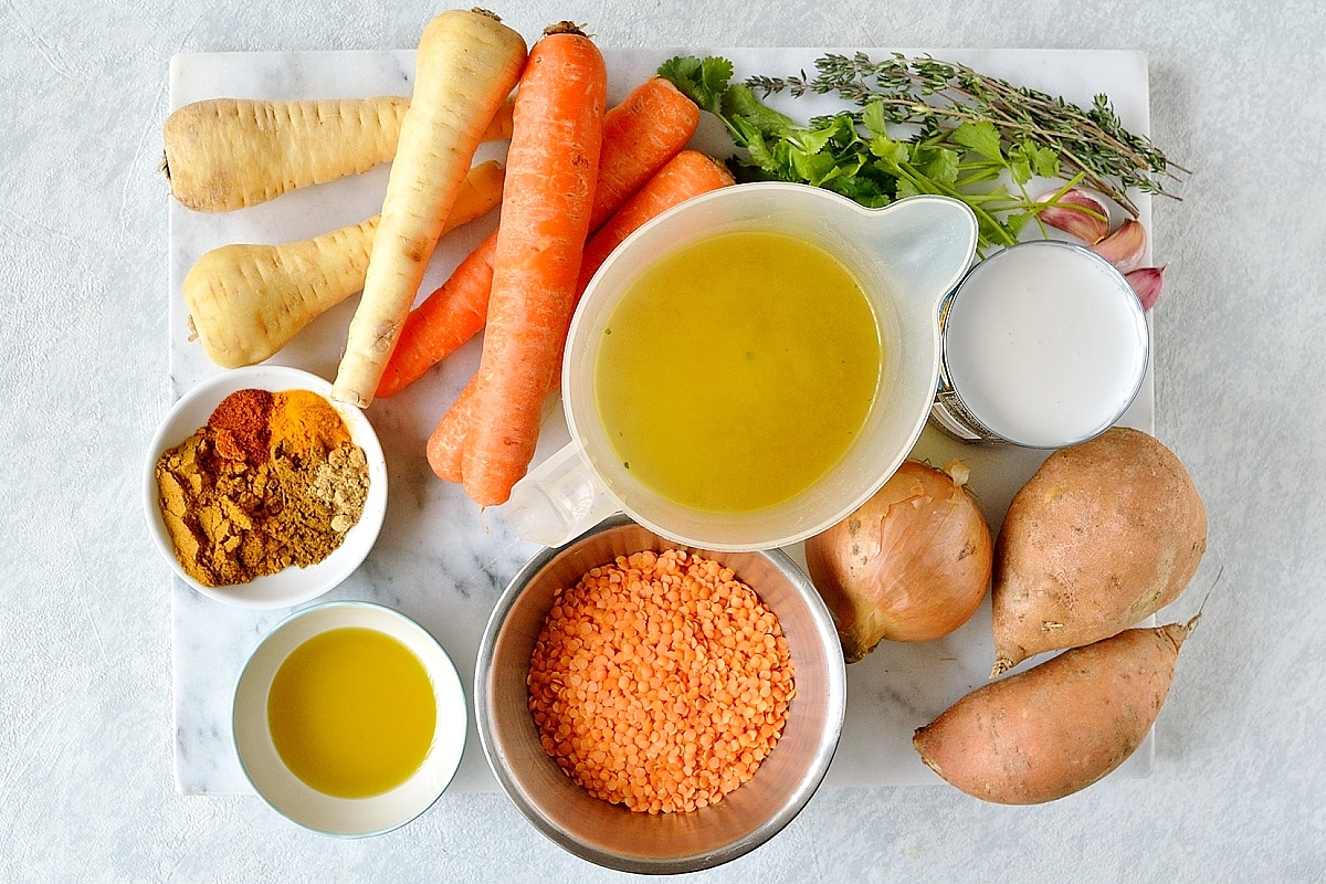 Vegan spiced red lentil and root vegetable soup ingredients