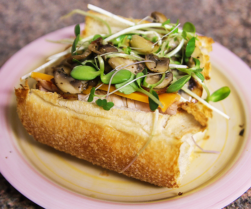 Leftover chicken sandwich with sauteed mushrooms