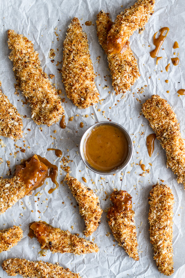 Quinoa crusted chicken strips with bbq honey mustard 1