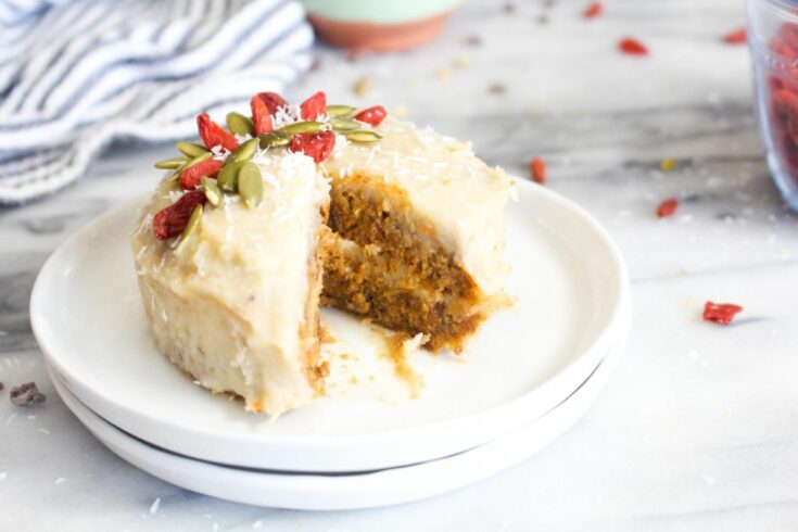 Raw carrot cakes with cashew cream cheese frosting slice