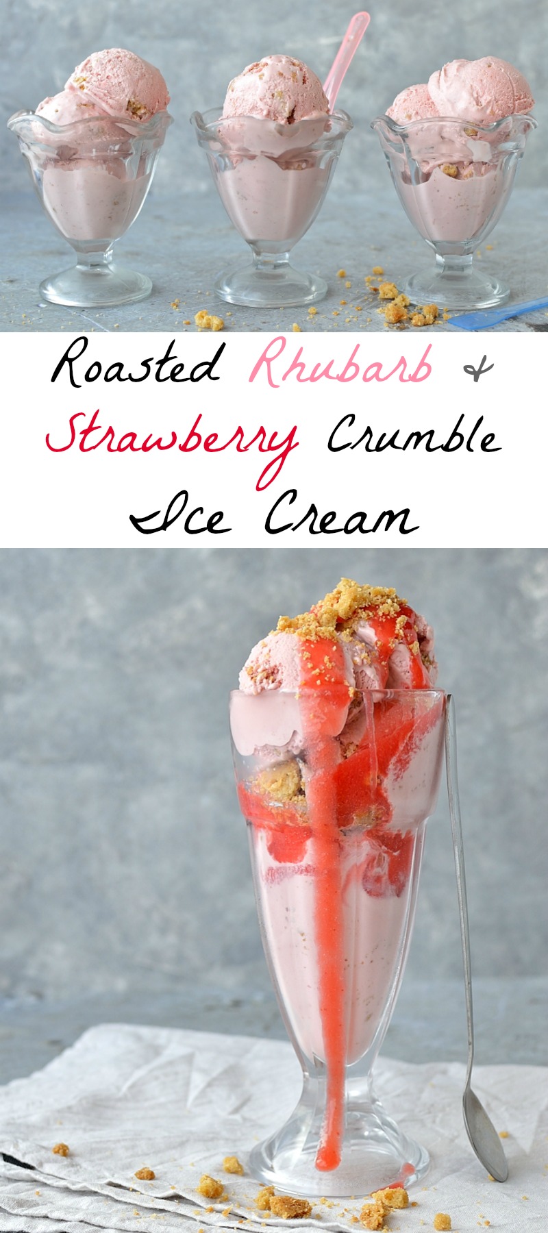 Roasted rhubarb and strawberry crumble ice cream - sweet, creamy, fruity ice cream filled with chunks of crisp, buttery crumble. The perfect ice cream for Spring!