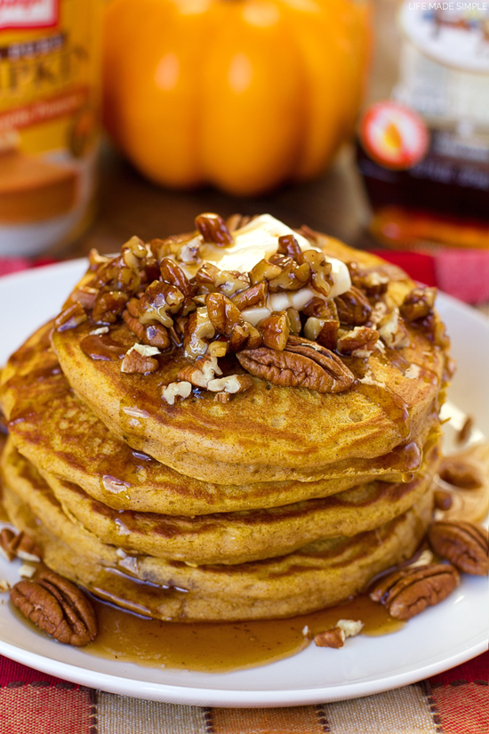 Buttermilk pumpkin pancakes with buttered pecan maple syrup 1