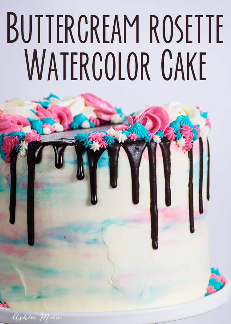Pink and blue buttercream rosette and watercolor cake video tutorial