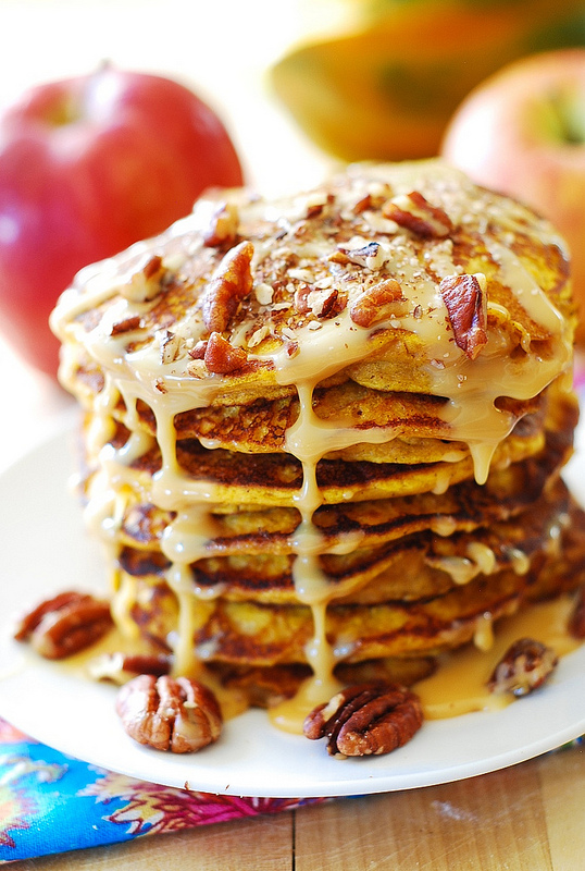 Pumpkin pancakes with caramel pecan sauce