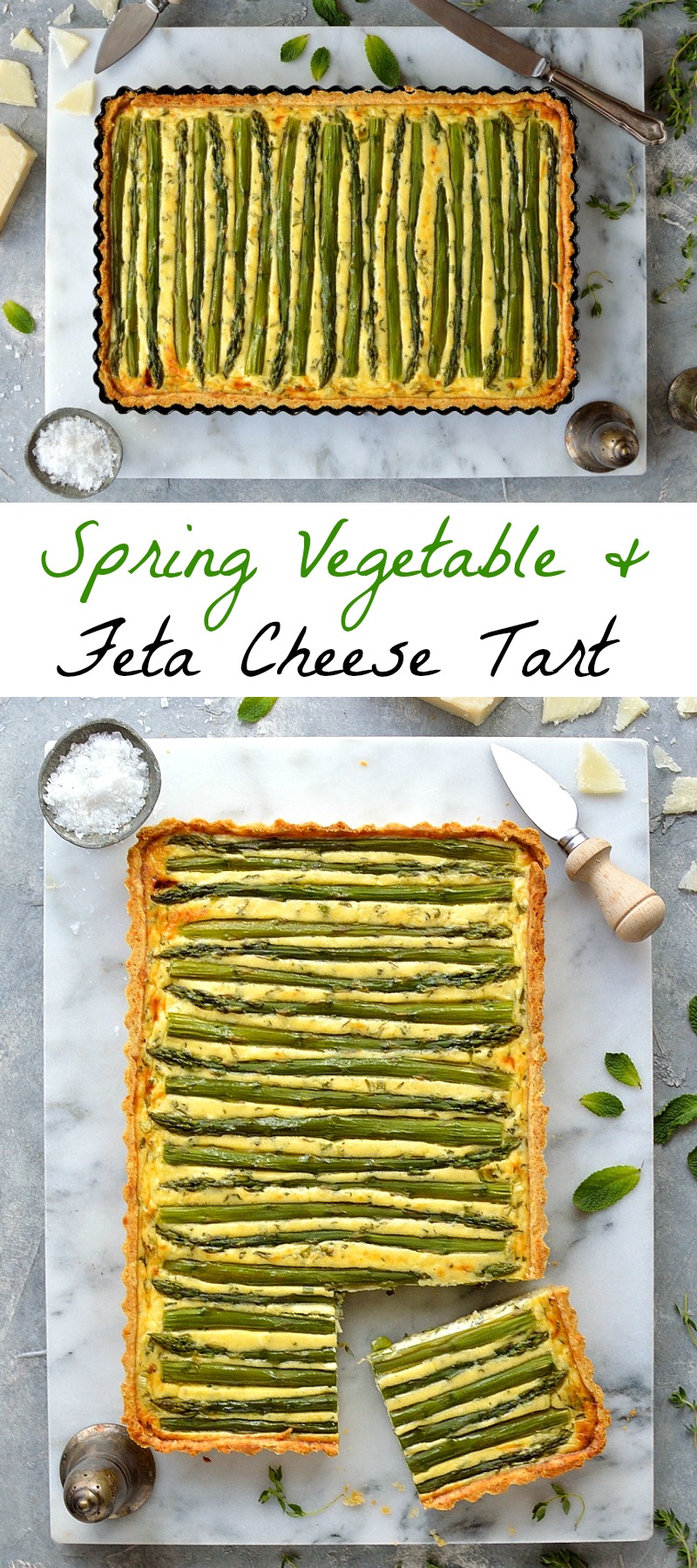 Spring vegetable and feta cheese tart - a stunning vegetarian tart made with asparagus, peas, scallions, feta cheese and parmesan pastry.