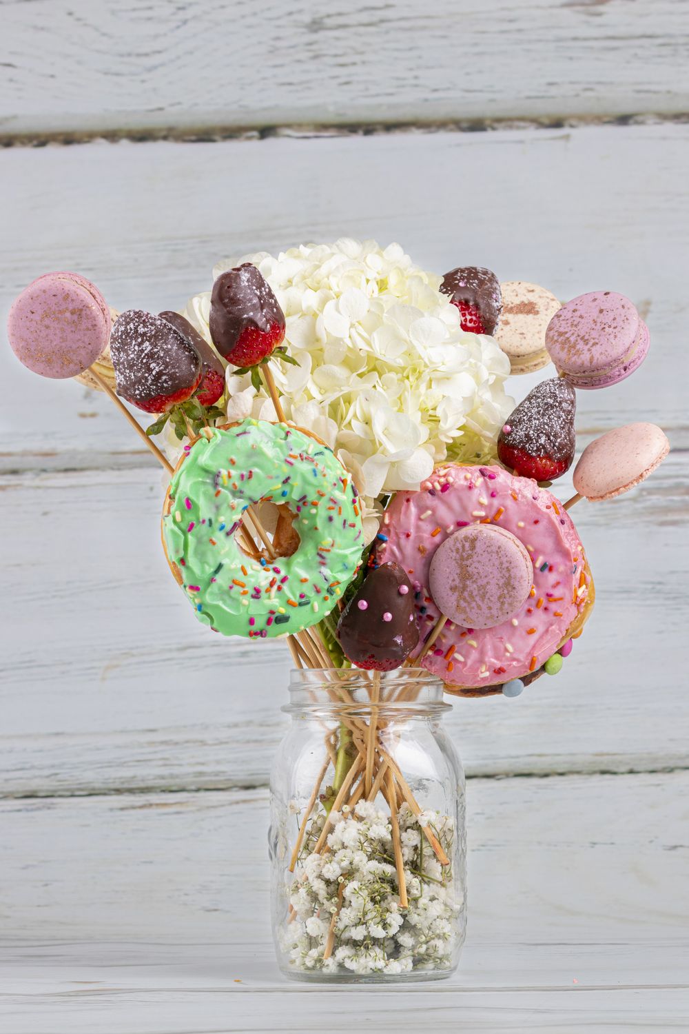 Donuts and macaroons candy flower bouquet 