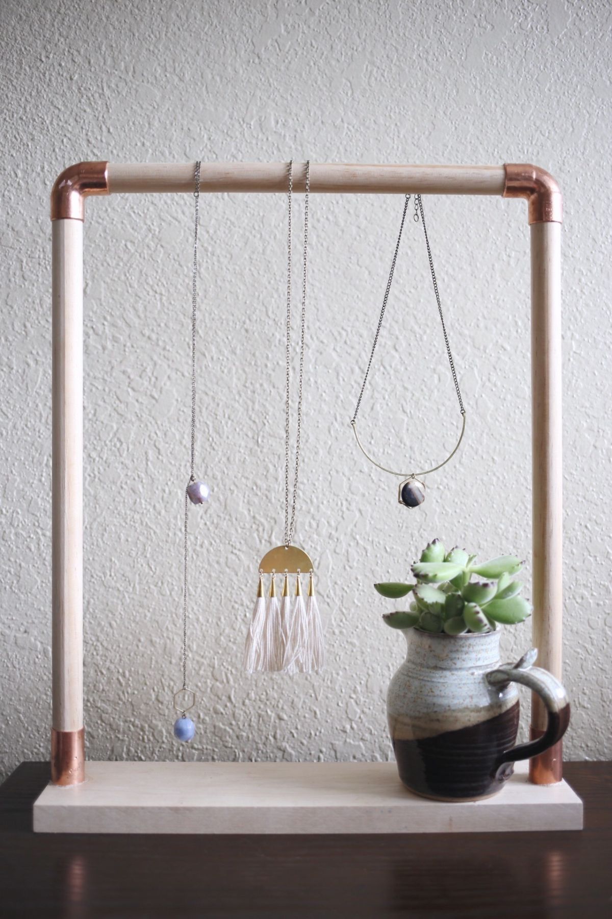 Wood And Copper Pipes Jewelry Stand