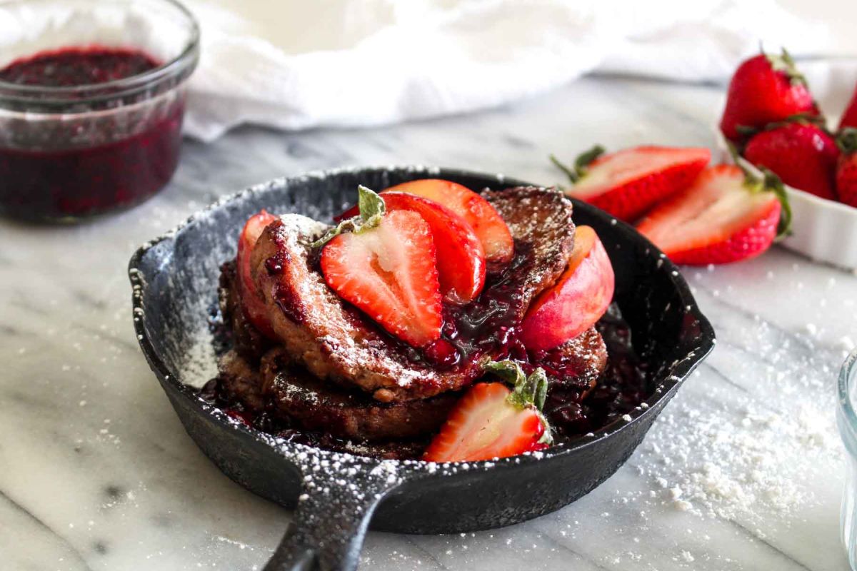 Simple vegan french toast with triple berry sauce