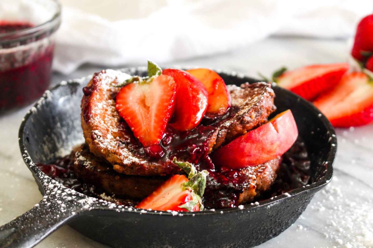 Vegan french toast with triple berry sauce serve