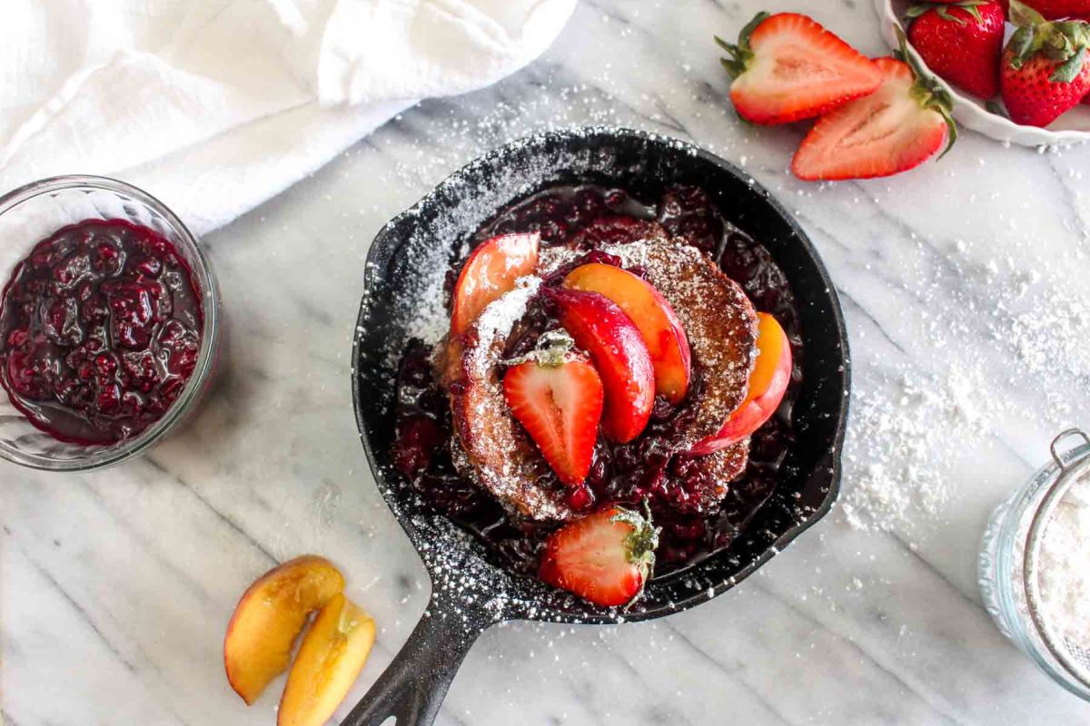 Vegan french toast with triple berry sauce