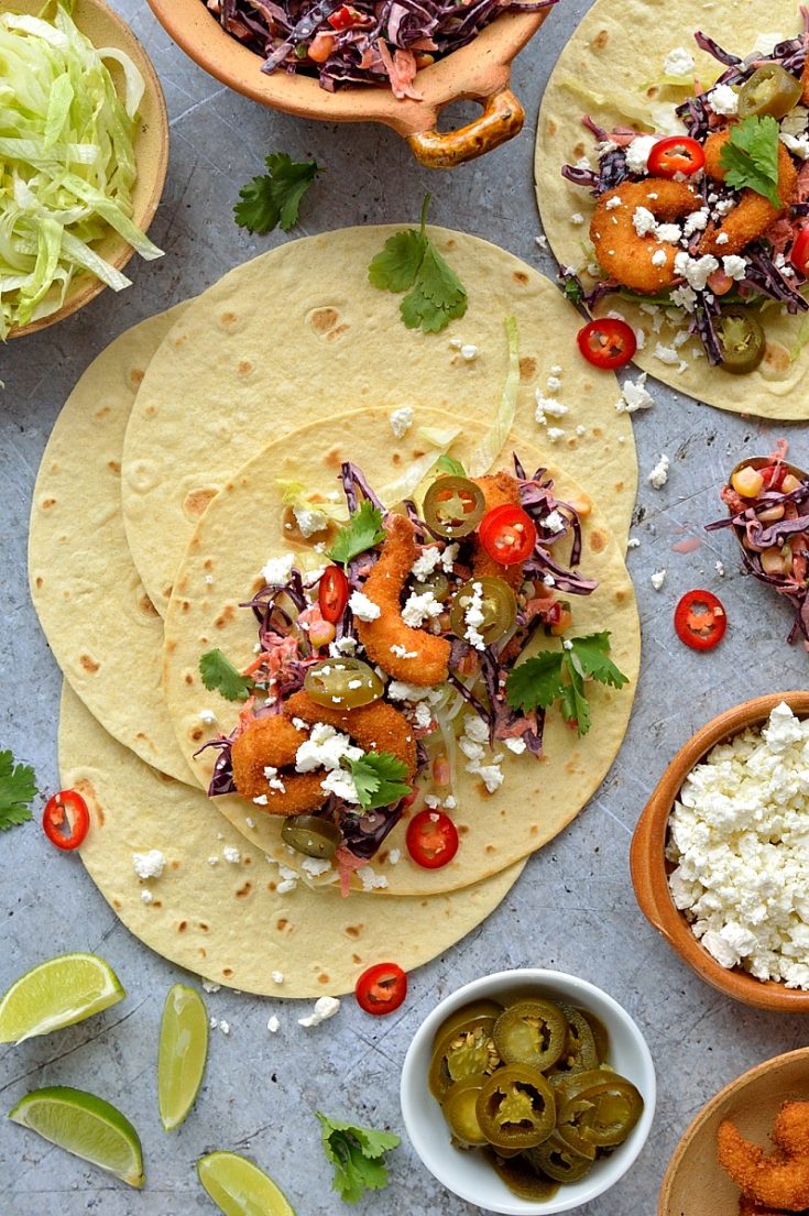 Crispy shrimp tacos with chipotle red cabbage slaw - the ultimate sharing food!