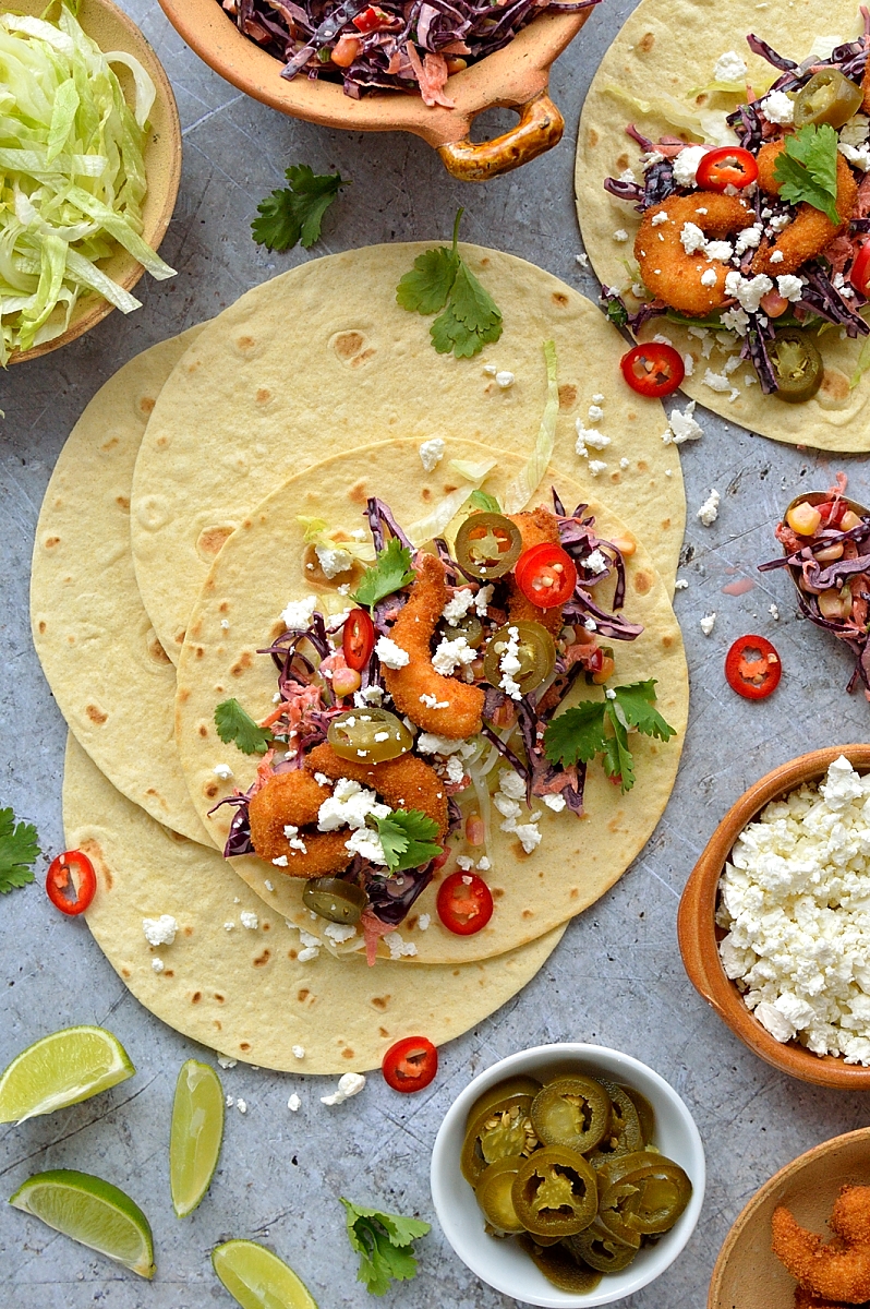 Crispy shrimp tacos with chipotle red cabbage slaw