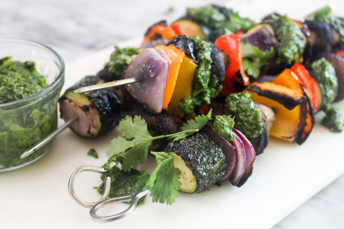Delicious vegetable kabobs with charred scallion chimichurri