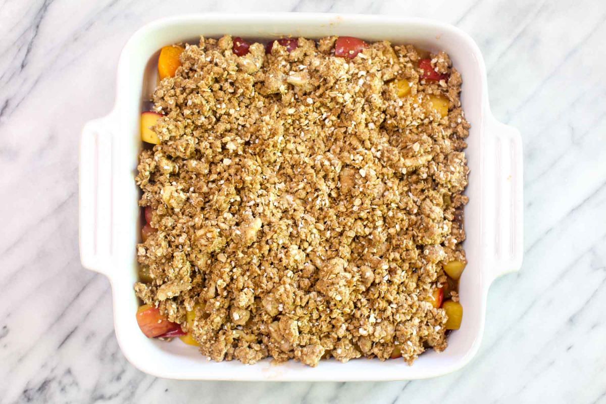Lightened up peach apricot crumble add topping