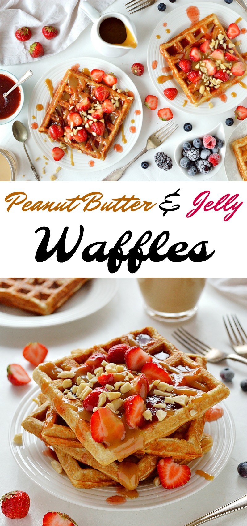Peanut butter and jelly waffles - the classic sandwich combination in waffle form!