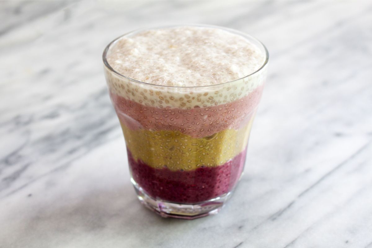 Rainbow chia seed pudding glass is full