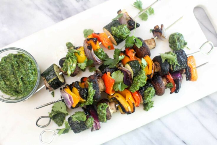 Vegan vegetable kabobs with charred scallion chimichurri