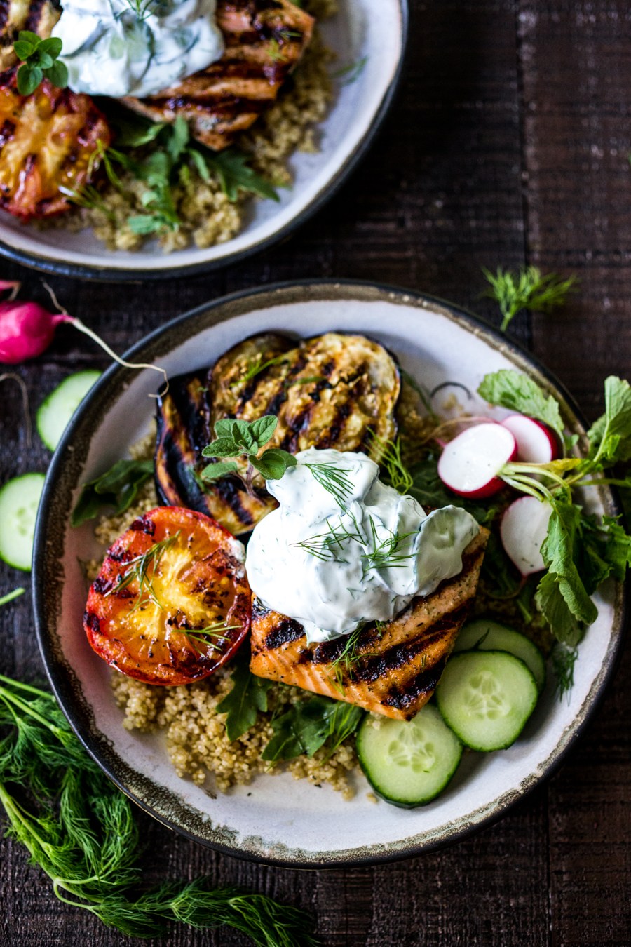 Grilled salmon tzatziki bowl