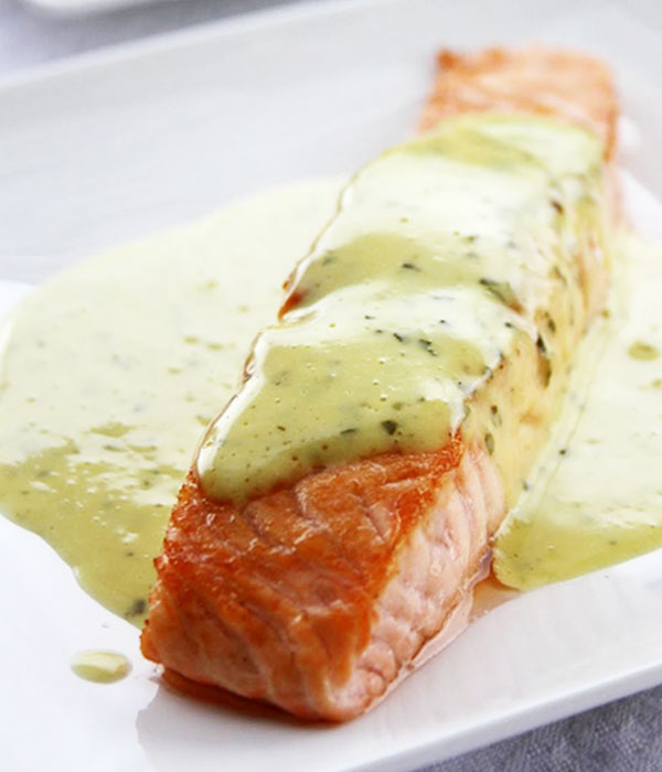 Grilled salmon steak recipe with mint basil sauce