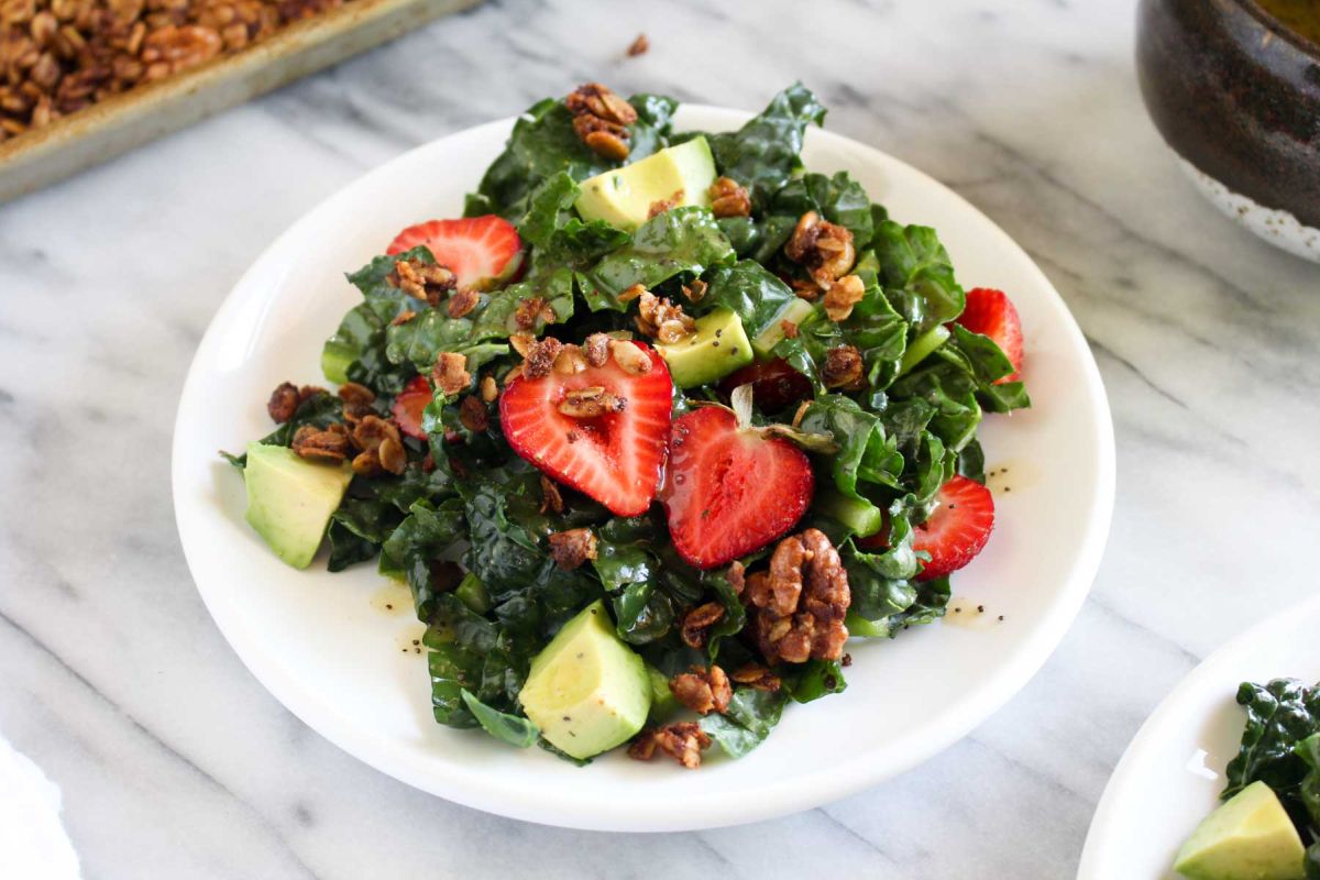 Strawberry avocado kale salad with savory granola recipe