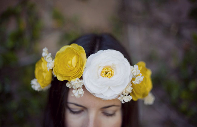 White and yellow faux blossoms